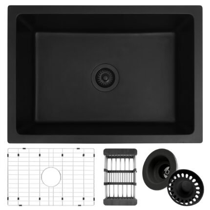 Premium Granite Kitchen Sink, 560x460mm Single Bowl, Black Composite