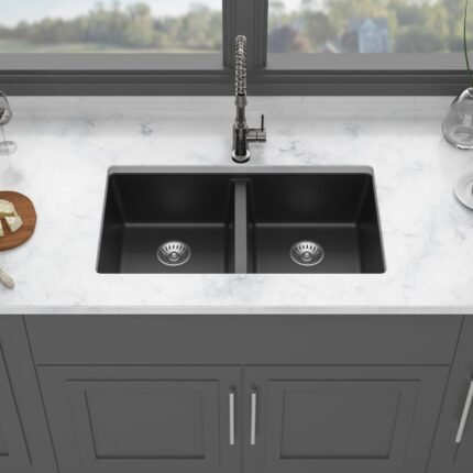 Granite Composite Double Bowl Kitchen Sink, 860mm x 500mm, Black
