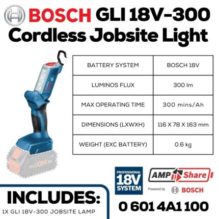 Bosch GLI 18V-300 Professional Cordless Jobsite Light, 300 Lumens, 6 LEDs